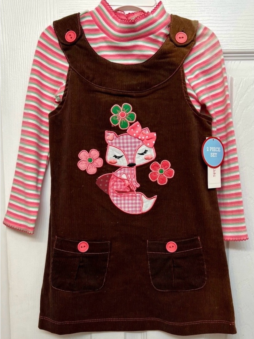 🦊💕 Girl's Fall Corduroy Fox Dress with Matching Pink Striped Tee